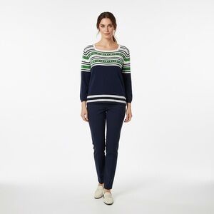 Alfred Dunner Navy and Green Floral Embroidered Stripped Women's Sweater PL